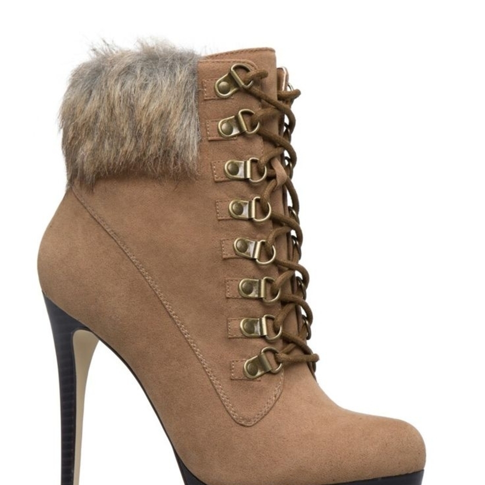 Shoe Dazzle Tan Fur-Trimmed Heeled Boots